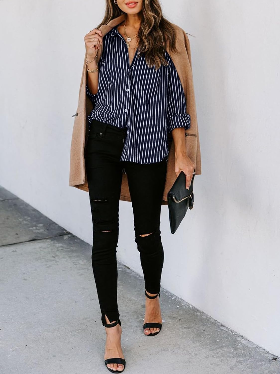 Womens Button Down Shirts Cotton Striped Dress Shirt Long Sleeve Collared Office Work Pinstripes Blouses Tops - Image 4