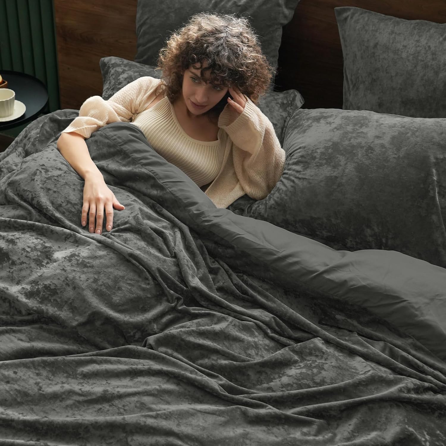 PHF Truly Velvet Duvet Cover Set Queen Size, 3pcs Ultra Soft Breathable Comforter Cover Set, Luxury Cozy Flannel Duvet Cover with Pillow Shams Bedding Collection, 90" x 90", Dark Grey - Image 2