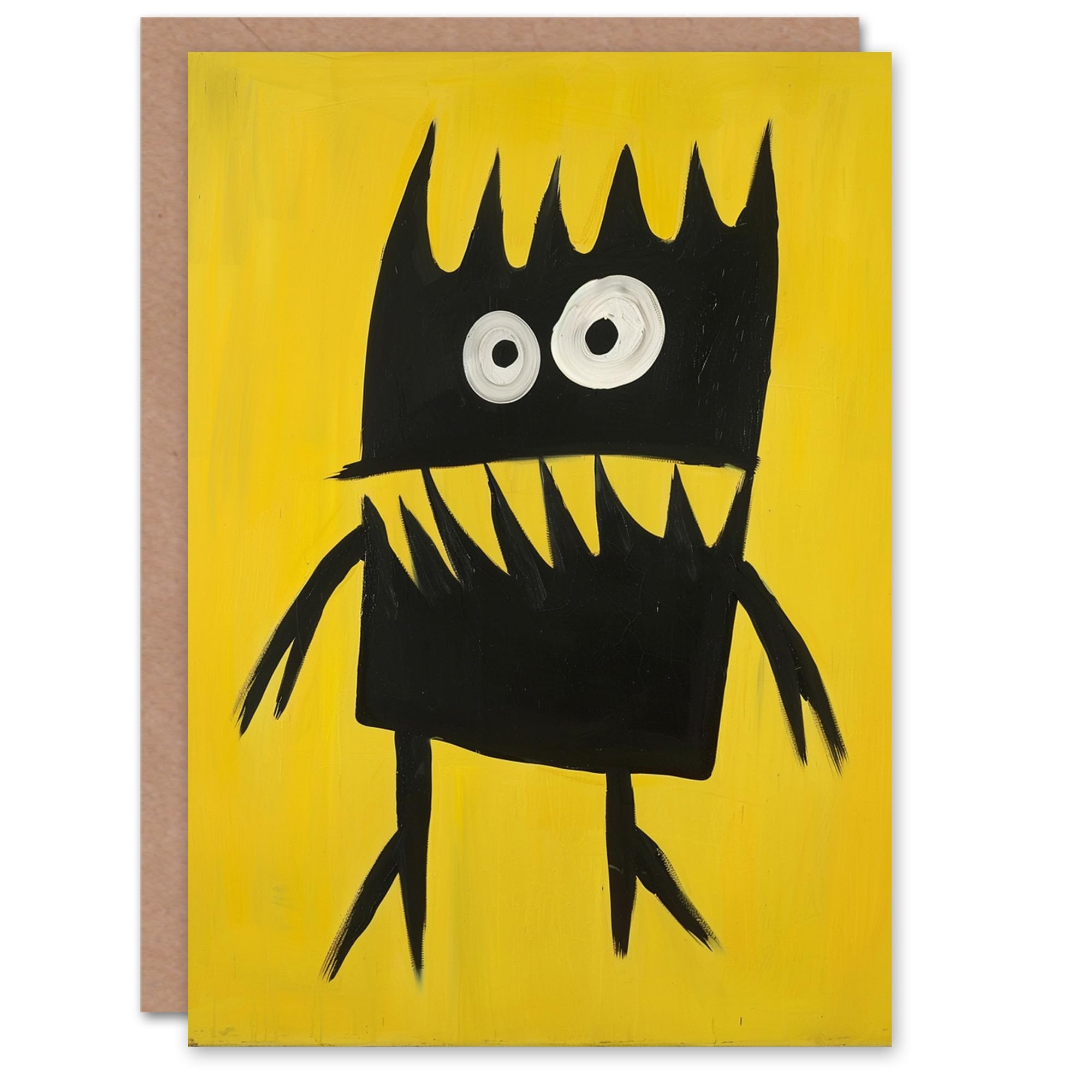 Artery8 Cute Monster Cartoon Black Yellow Painting For Child Kids Birthday Card