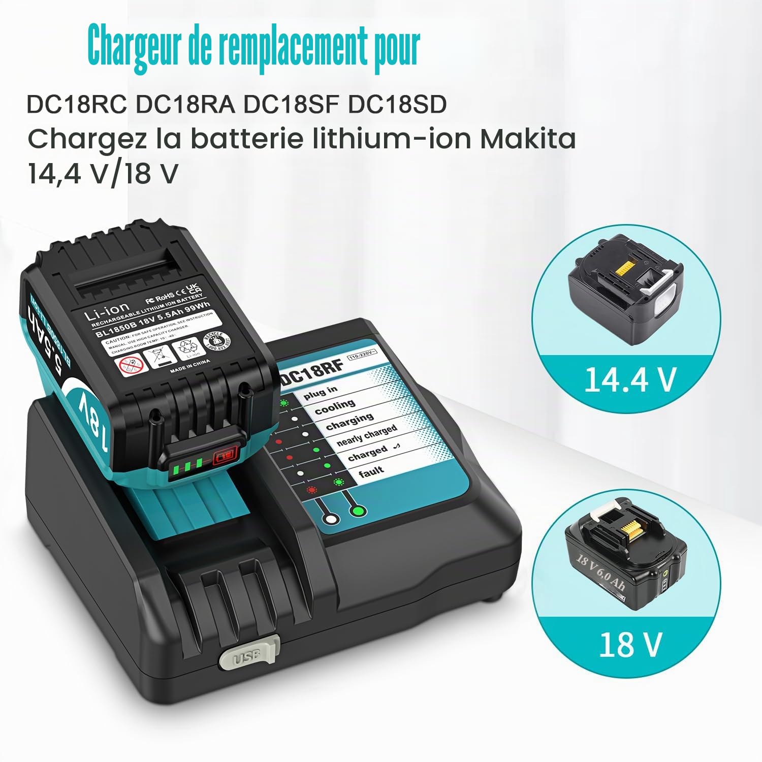 Chargeur DC18RF + 2 pièces de Batteries de Rechange pour Batterie 18 V 5500 Ah Compatible 18 V Li-ION Batterie de Rechange BL1815 BL1830 BL1840 BL1850 BL1860 BL1890 BL1415 BL1430 BL1440