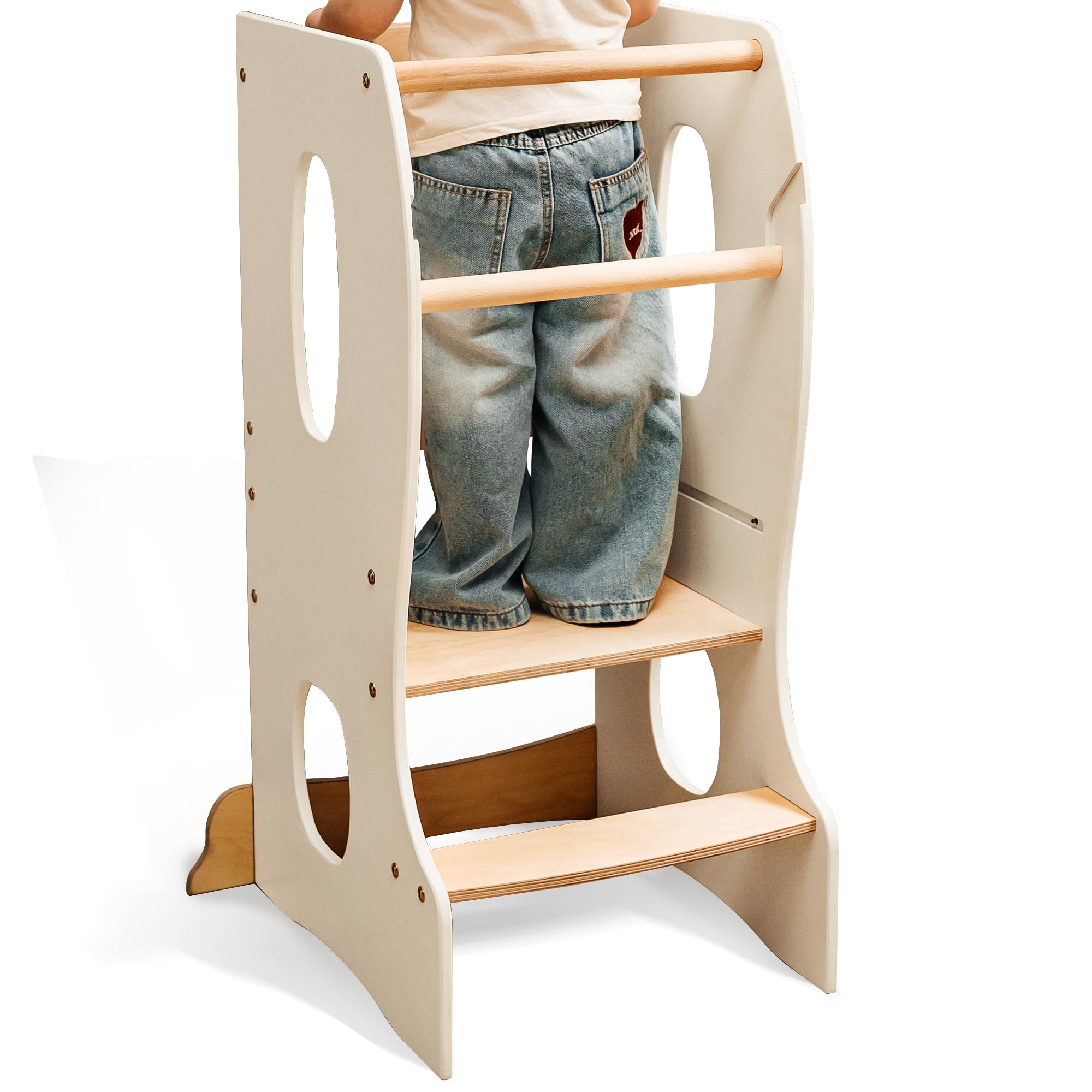 Goodevas Ivory Wooden Montessori Toddler Tower - Montessori Learning Step Stool With Adjustable Height – Safe Toddler Standing Tower For Cooking, Play & Activities