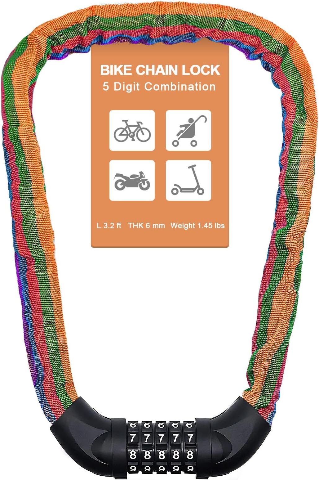 NDakter Bike Chain Lock, 5 Digit Combination Heavy Duty Anti Theft Bicycle Chain Lock, 3.2Feet Security Resettable Bike Locks for Bike, Bicycle, Scooter, Motorcycle, Door,Gate, Fence (Multicolored