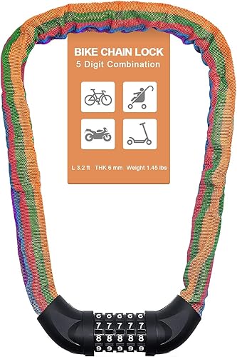 Miniatura 15 de NDakter Cerradura de cadena para bicicleta, combinación de 5 dígitos, resistente, antirrobo, cerradura de bicicleta de seguridad de Azul,Negro