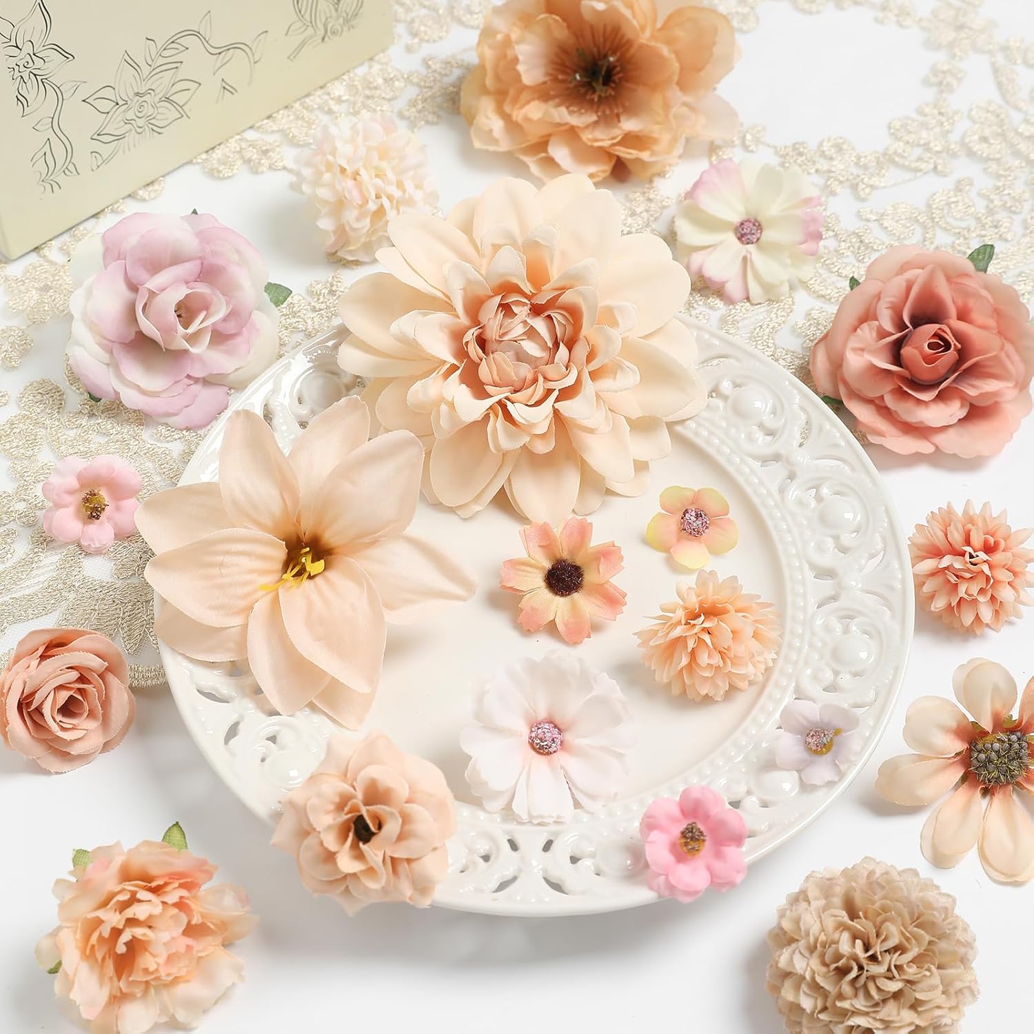 Fake Flower Heads Mini Artificial Flower Nude Color Faux Dahlia Rose Flowers for Crafts Cake Blossom Wreath Bouquets for Wedding Bridal Party Baby Shower Graduation Season Home Decor - Image 8