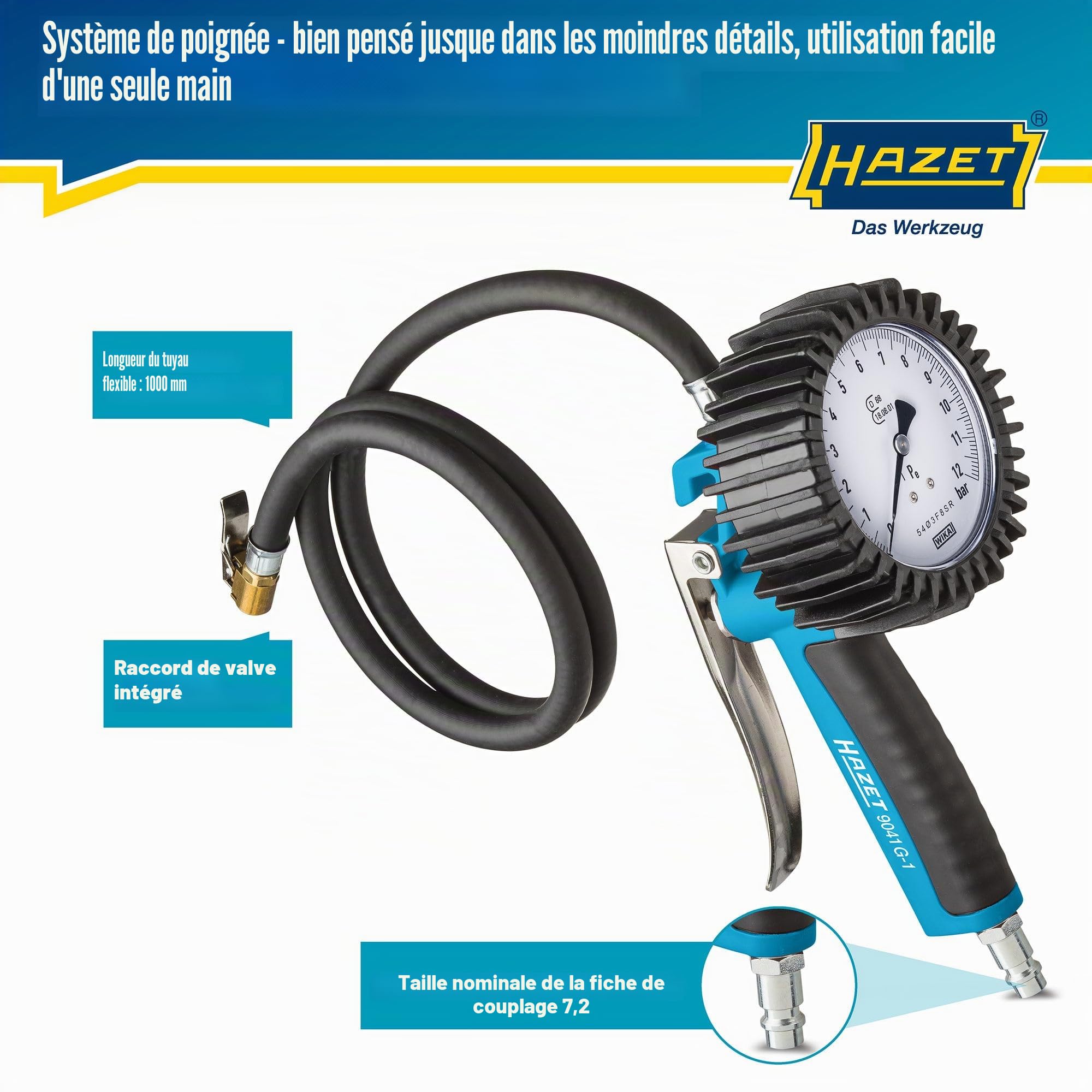 HAZET Gonfleur de pneus 9041G-1 I Calibré, plage de mesure du manomètre : 0-10 bar, longueur de tuyau : 1000 mm, manomètre : 80 mm I Contrôleur de pression des pneus pour voiture, moto, camion