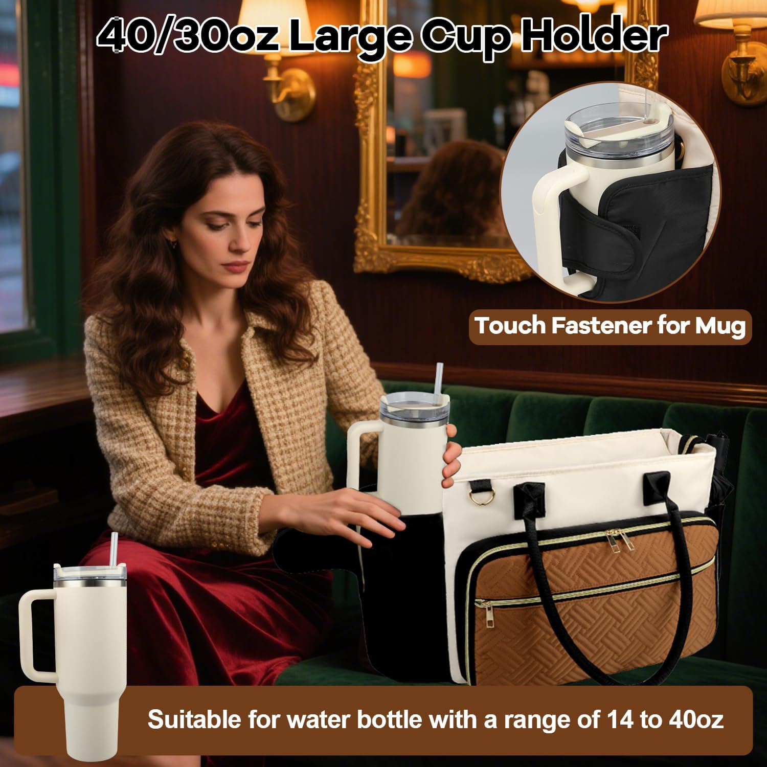 Teacher Tote Bag for Women with Large Cup Holder& 15.6 Inch Laptop Compartment, Utility Work Tote Bag with Internal Insulated Pocket for Office Supplies Teacher Essentials Business Travel