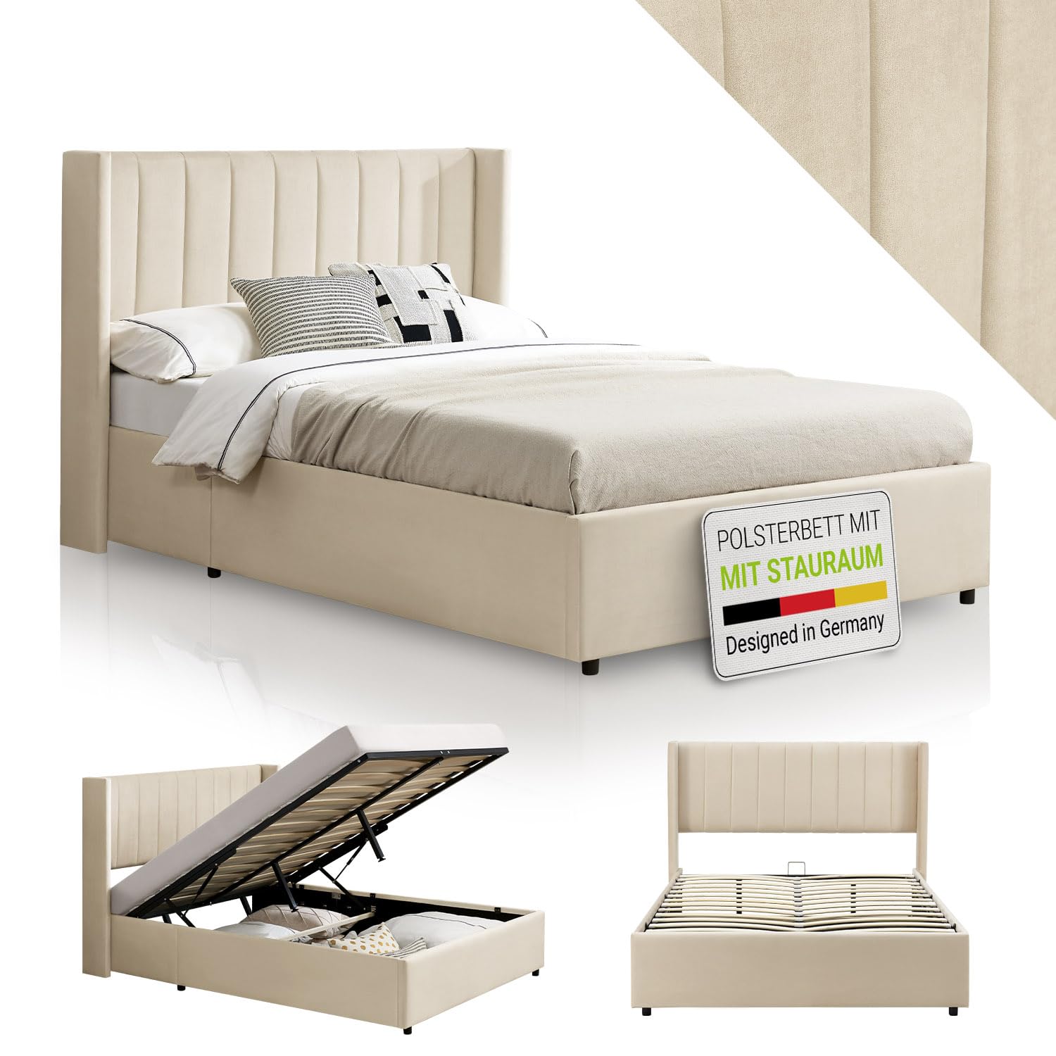 Juskys Polsterbett Savona 120x200 cm – Stauraum, Lattenrost, Samt-Bezug, Holzgestell, Beige