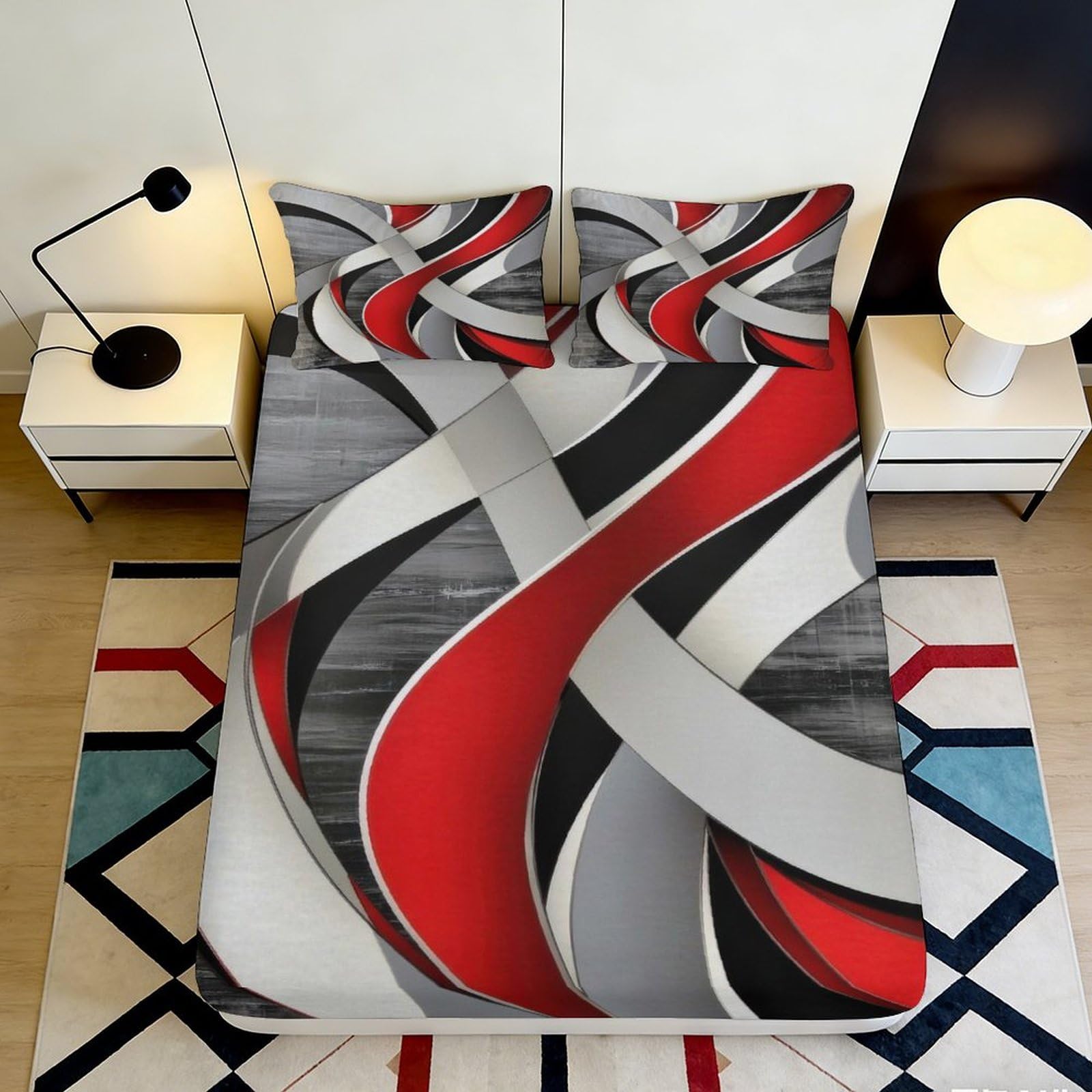 3D Printed Abstract Geometric Fitted Sheet Microfiber Deep Pocket Non-Slip Bedroom Bedding Abstract Mattress Fitted Cover Washable 140x200x25cm