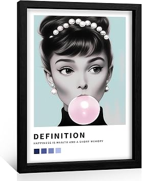 OVVGVV Framed Audrey Hepburn Wall Art Vintage Pop Glamorous Bubblegum Poster Prints for Office Bathroom Bedroom Living Room Decor8"x10"Black
