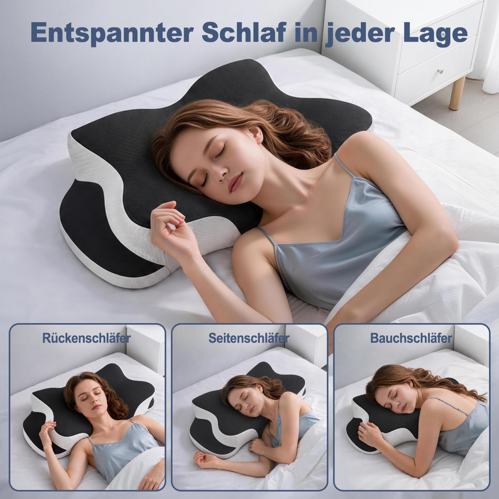 Almohada cervical ergonómica, ortopédica, espuma viscoelástica y mariposa | Con funda de almohada transpirable, extraíble, para dormir de lado, espalda y boca abajo