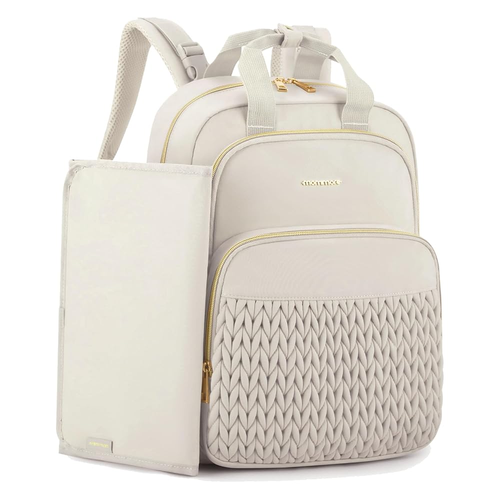 mommore Diaper Bag Backpack Large Baby Bag for Boys Girls Quilted Travel Diaper Backpack with Changing Pad, Stroller Straps