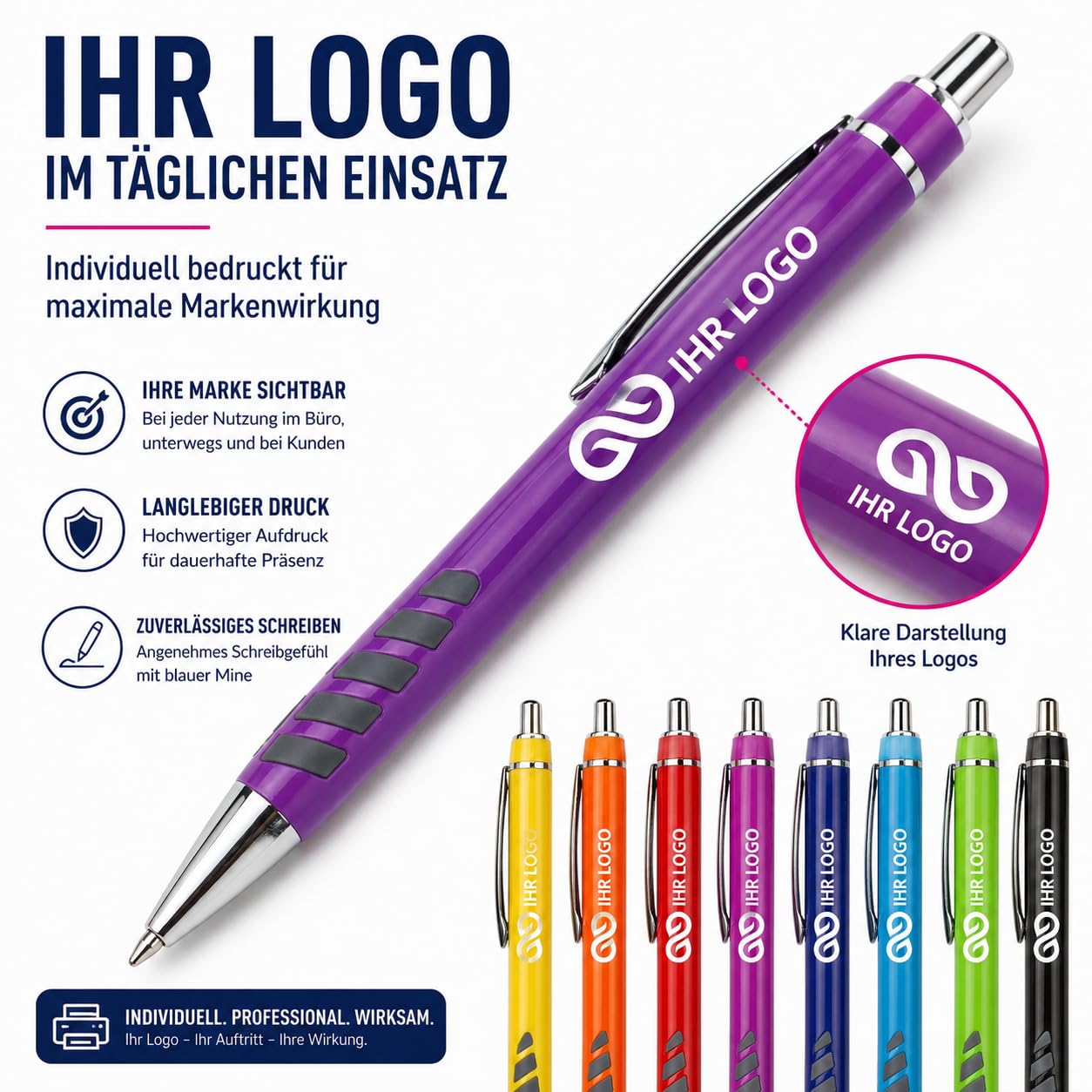 WPRO Personalisierte Kugelschreiber 250 Stück mit Logo Kunststoff blau schreibend; Werbekugelschreiber bedruckt für Messe Events Promotion Streuartikel Javi