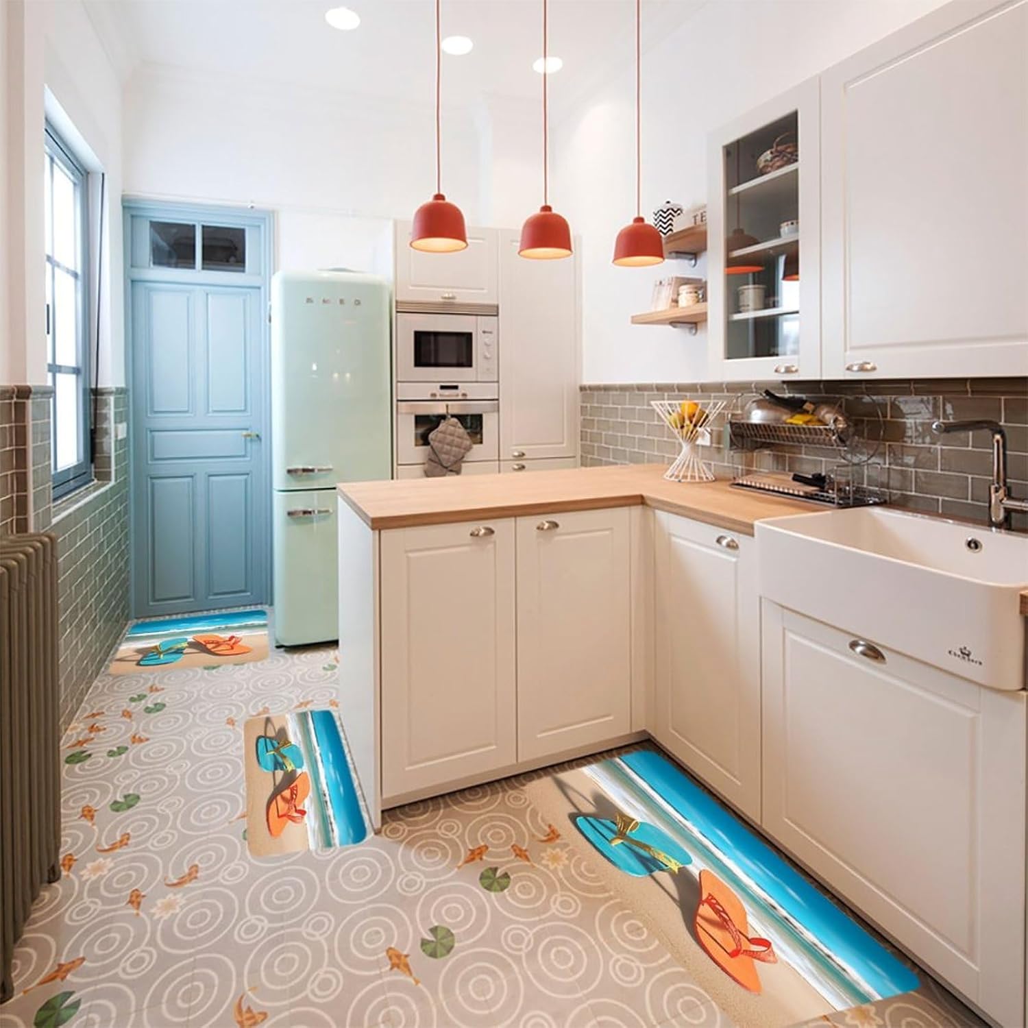 Beach Flip Flops Kitchen Mat Set of 3 Waterproof Floor Mats Non-Slip Kitchen Rugs Premium Flannel Rug Heavy Duty Standing Mat for Kitchen Home Bathroom Laundry