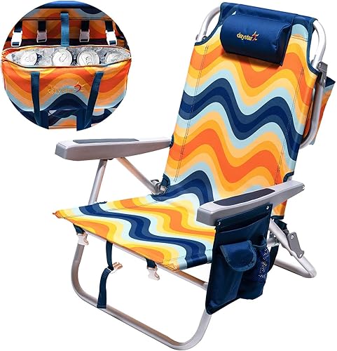 SUNNYFEEL Silla de playa baja de 5 posiciones plana, mochila plegable portátil resistente con bolsa refrigeradora, portavasos para exteriores,