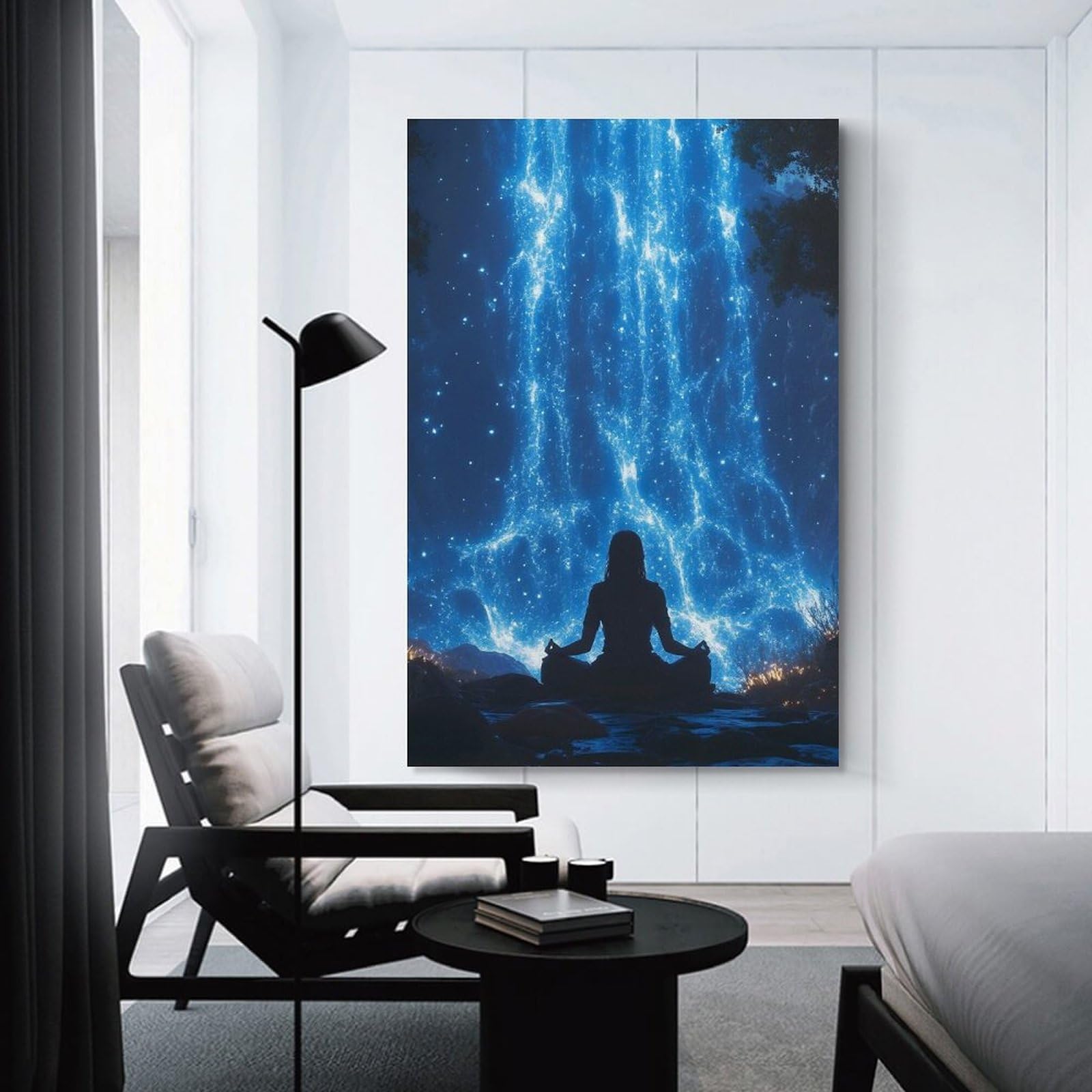 Junmoney Unframe-Style-23 Canvas Wall Art Meditating Figure Under A Celestial Waterfall, 20X30inch(50X75cm), For Lounge Decor, Bedroom Walls Or Flats, Eye Catching Artwork For Blank Walls