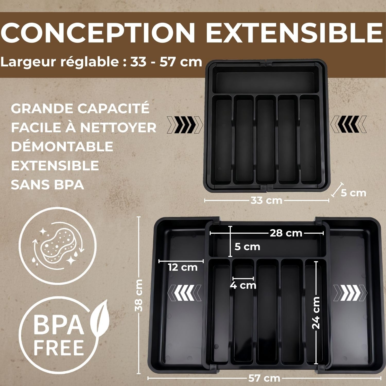 Set couverts de table 6 personnes (30 pièces) avec range couverts pour tiroir. set de couvert de table inox pour cuisine. Lot couvert de table avec rangement tiroir cuisine extensible (60 pièces)