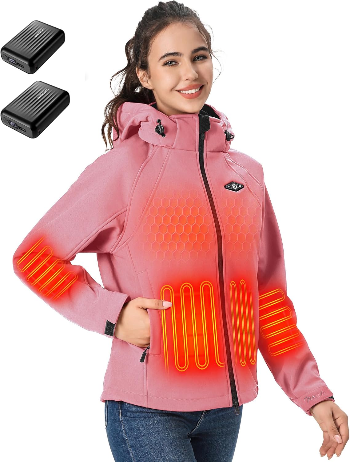 WASOTO Heated Jackets for Women(Pink,S) with 2pcs 18400mAh Battery Pack and Charger Included