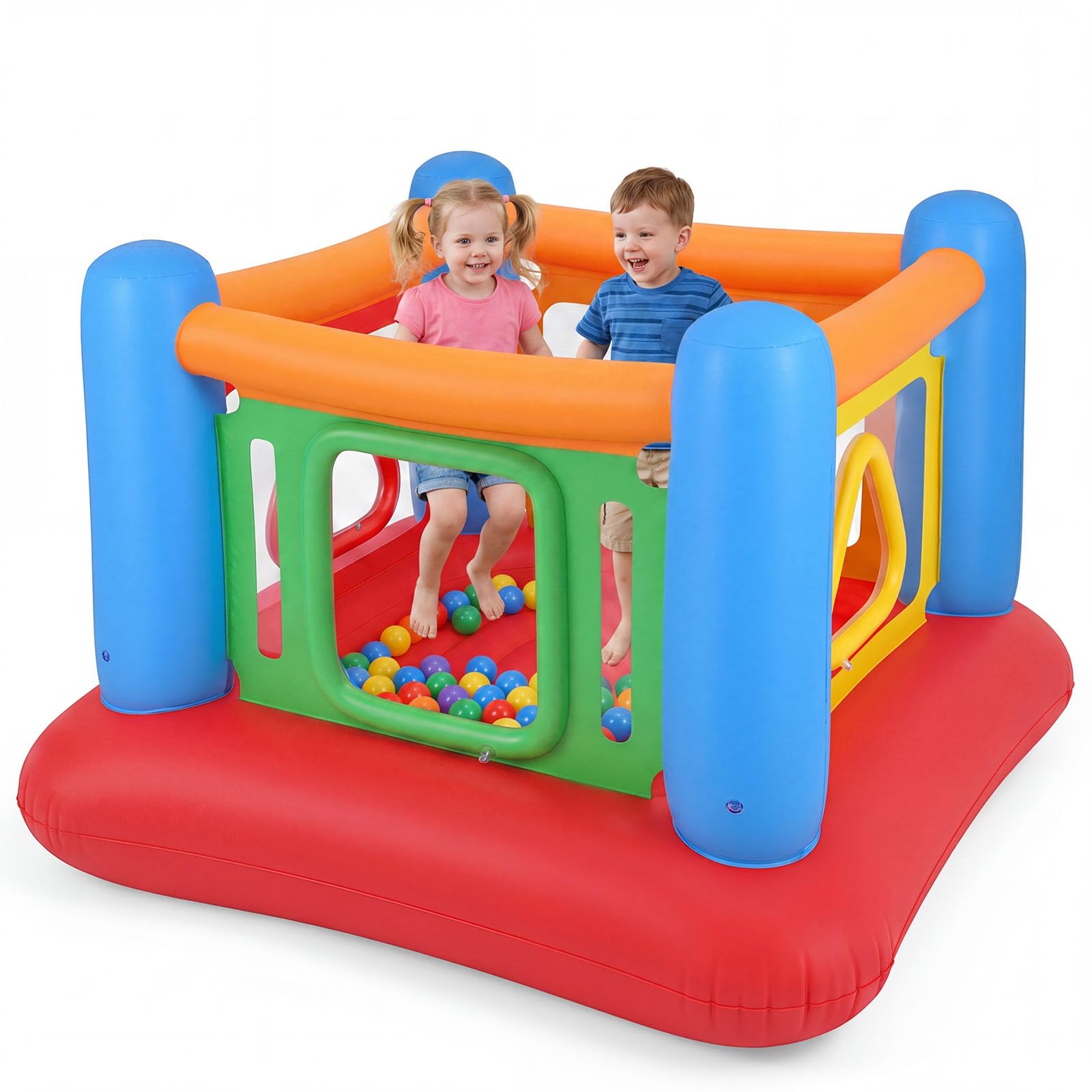 COSTWAY Castillo Hinchable para Niños 3+ Años, Parque Infantil de Salto con Paredes Laterales Transparentes, Aberturas Cuadradas y Triangulares, Castillo Inflable PVC para Interior Exterior (Azul)