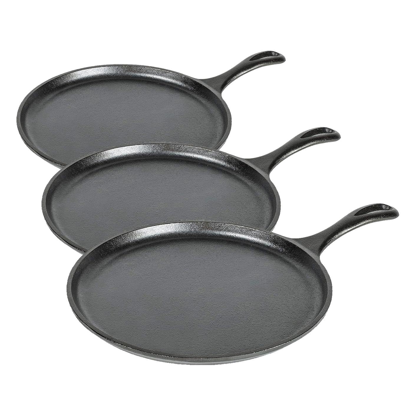 Lodge Round Seasoned Cast Iron Griddle, Round-Shaped, Pre-Seasoned Iron Griddle Pan - Non-Toxic, PFAS-Free Cookware - Compatible with Stovetop, Oven, Grill, or Campfire, 10.5 Inch (Pack of 3)