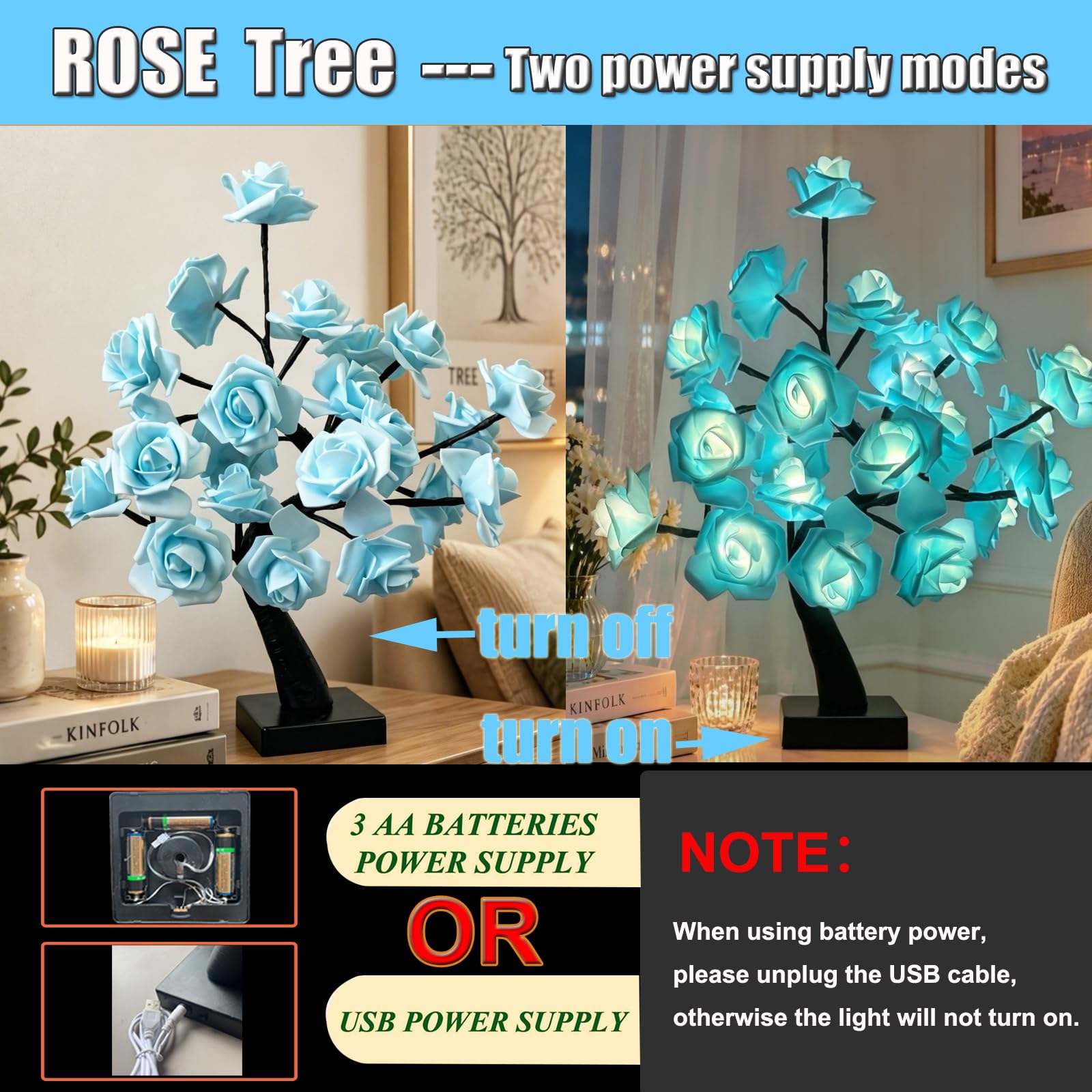 24 luci LED a forma di albero di rosa blu, lampada da tavolo con fiori artificiali bonsai, alimentata a batteria USB, luce notturna romantica per camera da letto, soggiorno, feste, matrimoni, San