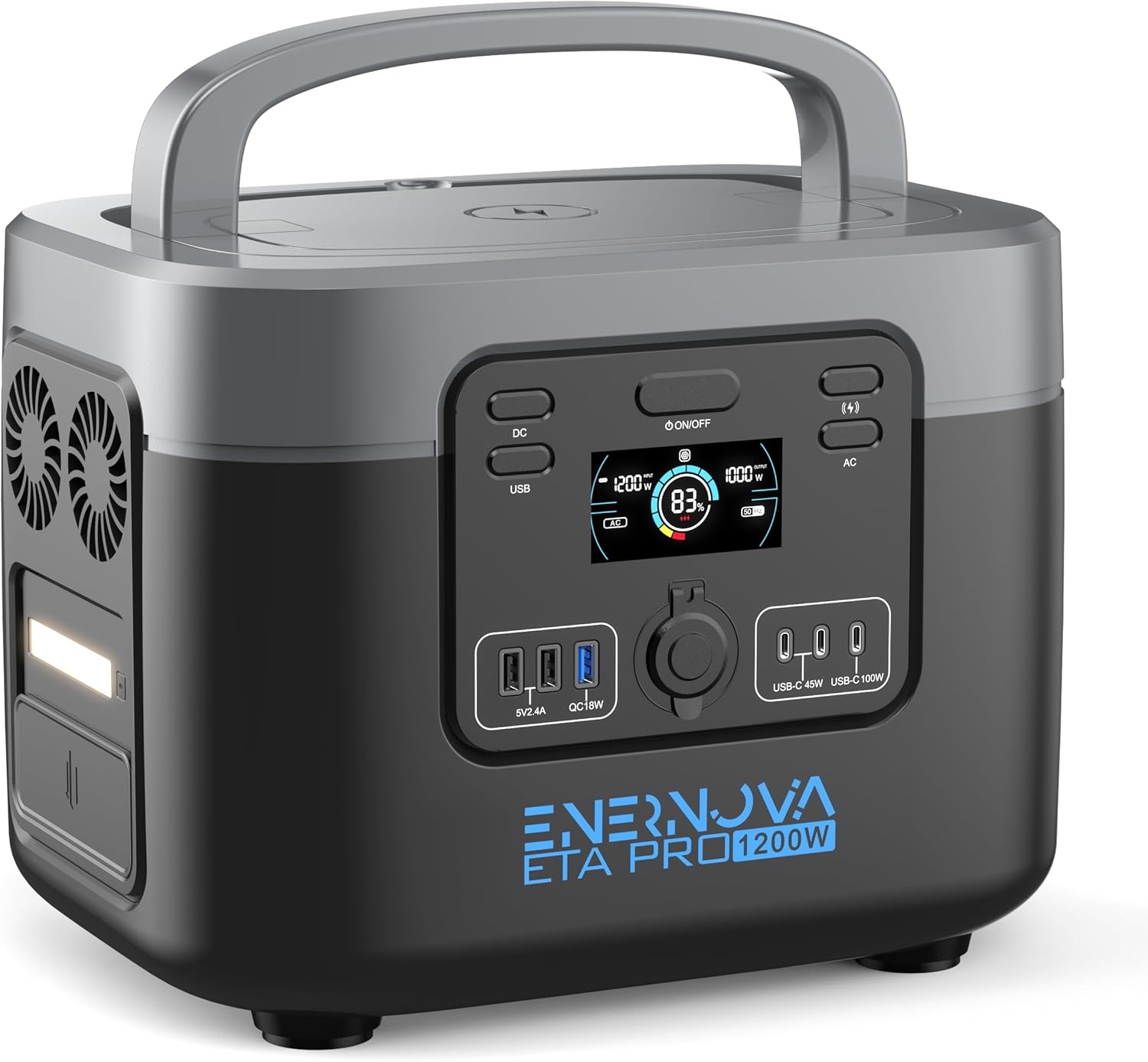ENERNOVA ETA PRO 1200W Portable Power Station front view na ngosipụta na ọdụ ụgbọ mmiri