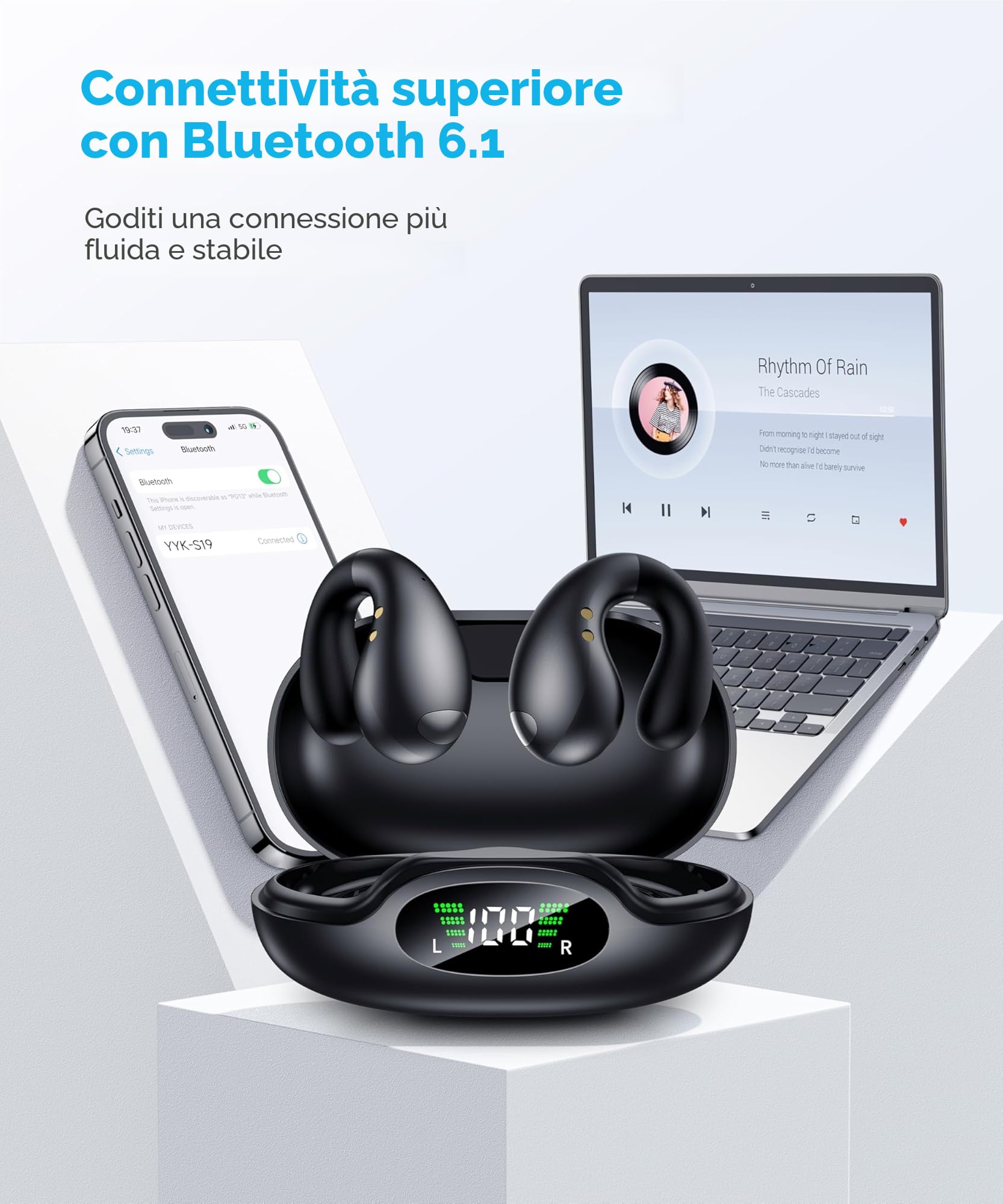 Boytond Cuffie Bluetooth 6.1 - Sports Wireless Auricolari Clip Orecchio Elegante Auricolari ad Alte Prestazioni con Caso di Ricarica - Nero