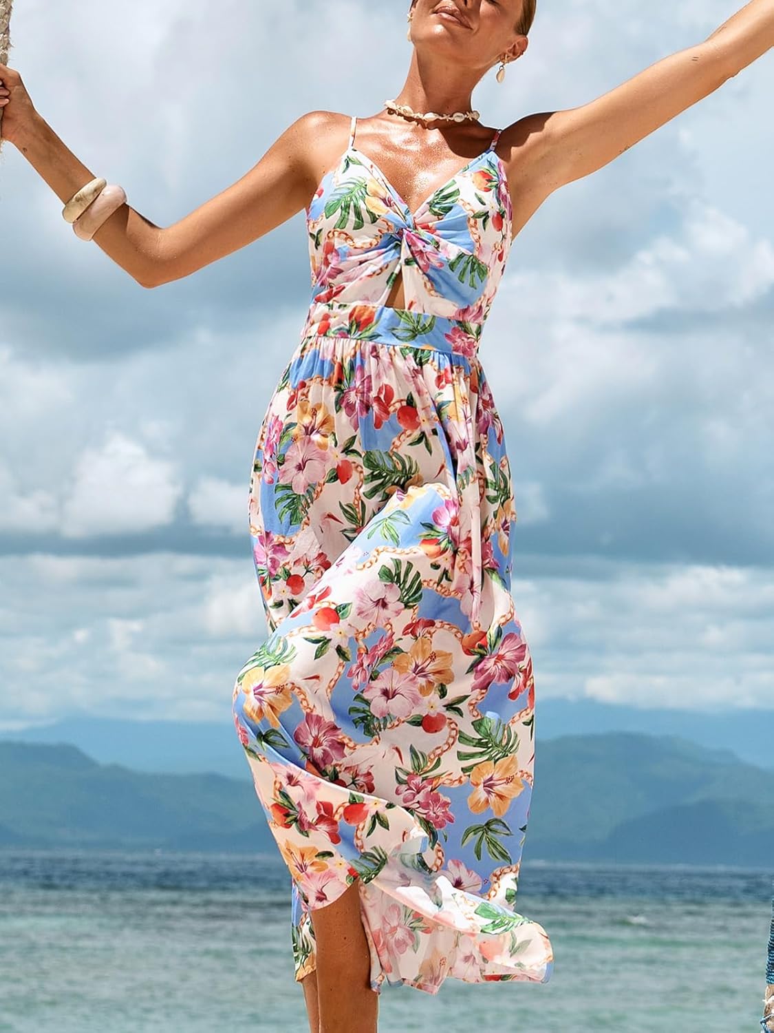 Summer long dresses styled for beach vacation casual day out - spaghetti strap side slit midi