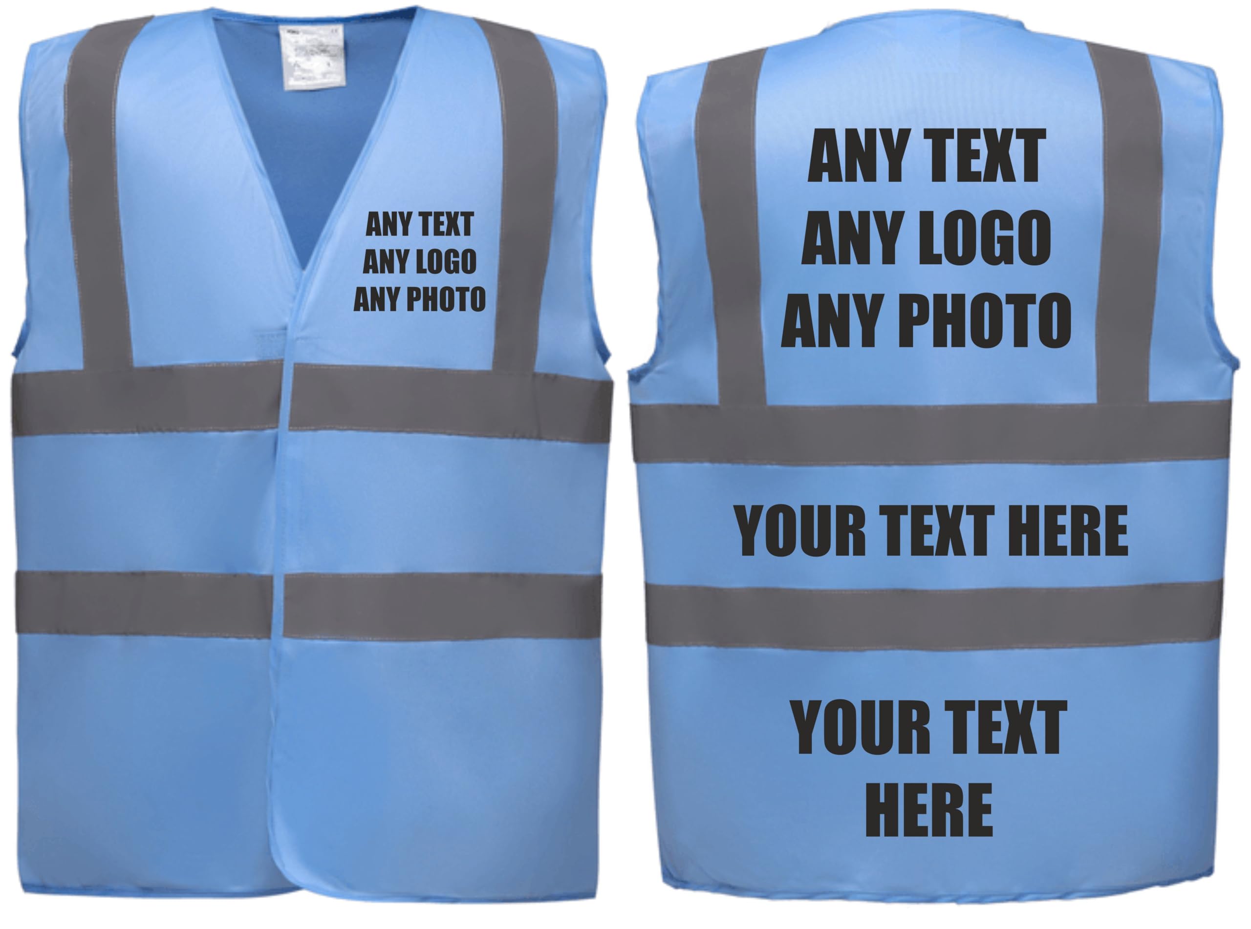 Premium SKY BLUE Hi Vis Safety Vest Custom Printed With Your Logo Or Text Waistcoat, Personalise Front and Back, Brand Your Company, Small to 3XL, Brook Hi Vis (Sky Blue, Medium)