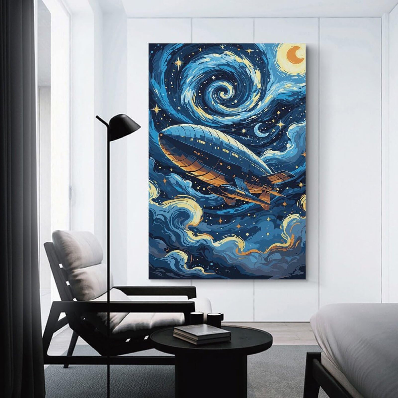 Junmoney Airship in Starry Night Sky Home Decor Wall Art, 20x30inch(50x75cm), for Living Room, Bedroom Or Home Office, Home Decor Gift with Stylish Appeal