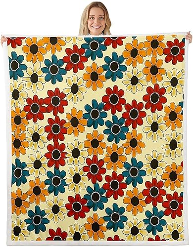 Manfei Daisy Flowers Flannel Fleece Throw Blanket 60"x80" 90s Groovy Daisies Fuzzy Blanket for Sofa Couch Retro Hippie Flowers All Season Bed