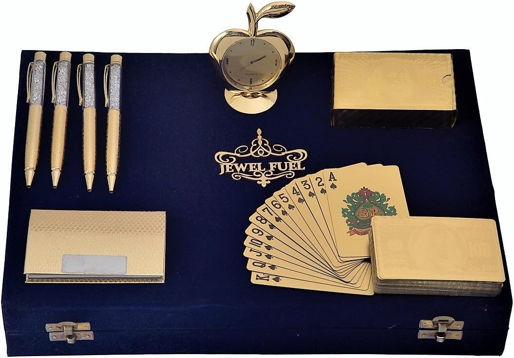 JEWEL FUEL 24K Gold Playing Cards, 4 Gold Plated Ball Pen, Apple Table Clock and Visiting Card Holder Gift Set