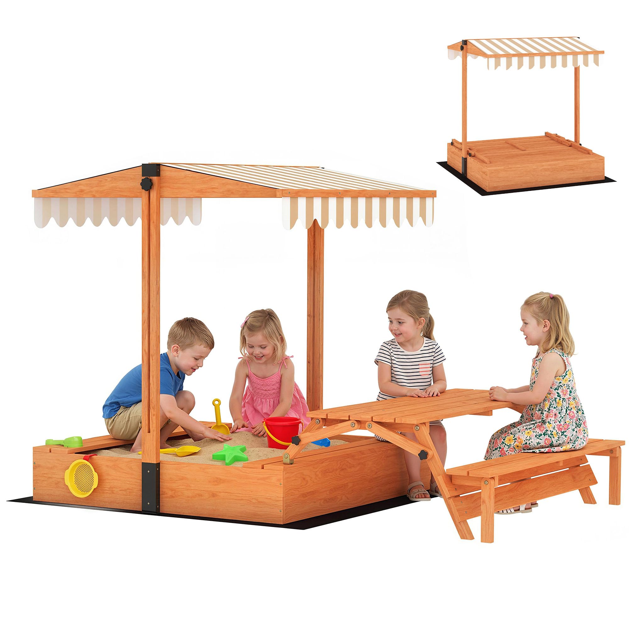 Qaba Kids Sandbox with Canopy, Wooden Sand Box with Foldable