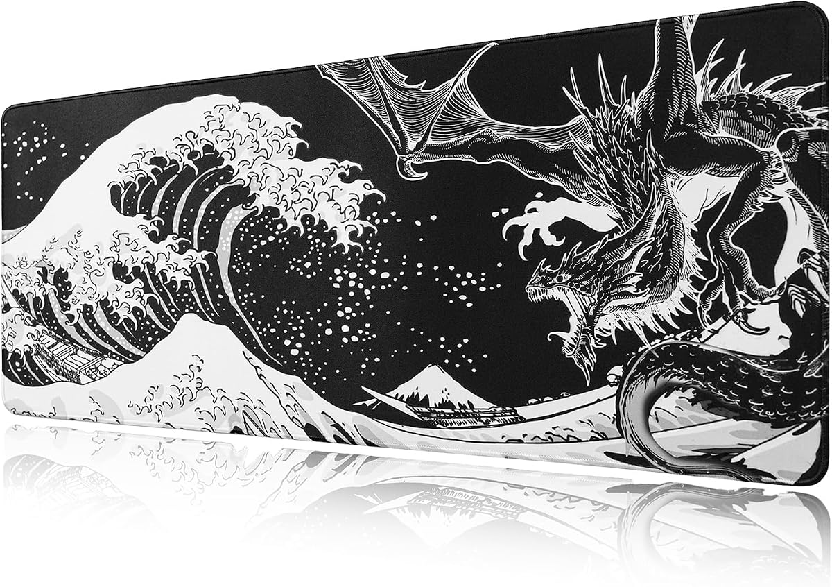 Black and White Large Mouse Pad, Japanese Wave Dragon Anime Desk Mouse Pad Gaming, 31.5x11.8x0.12inch Long with Non-Slip Rubber Base （Wave Dragon
