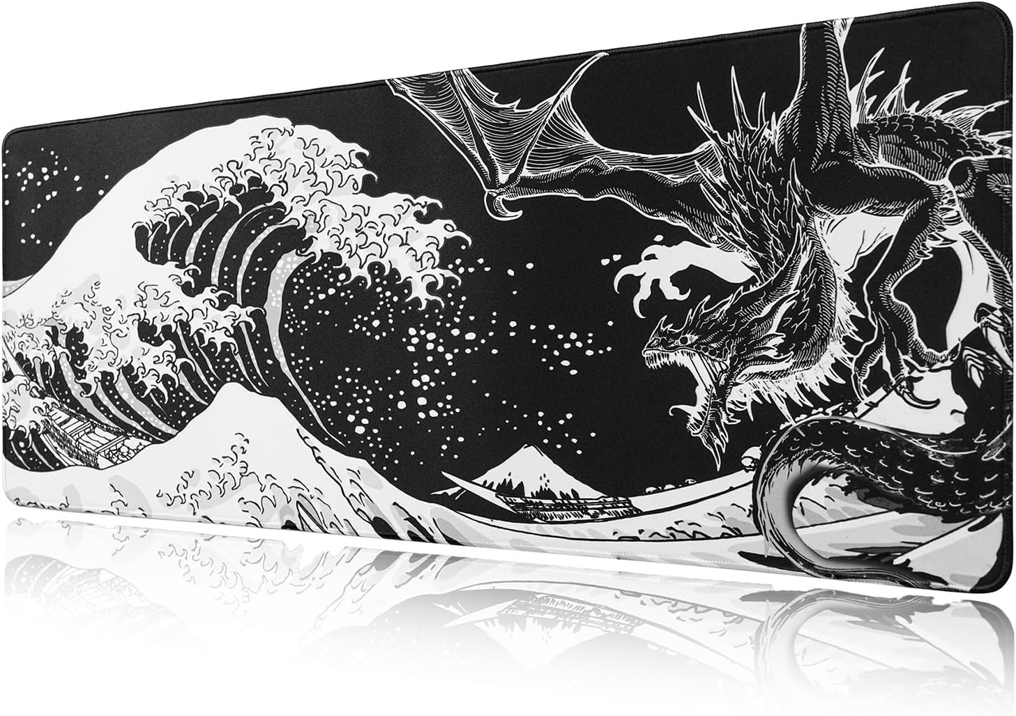 Black and White Large Mouse Pad, Japanese Wave Dragon Anime Desk Mouse Pad Gaming, 31.5x11.8x0.12inch Long with Non-Slip Rubber Base (Wave Dragon