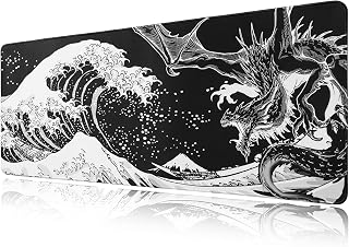 Black and White Large Mouse Pad, Japanese Wave Dragon Anime Desk Mouse Pad Gaming, 31.5x11.8x0.12inch Long with Non-Slip Rubber Base （Wave Dragon