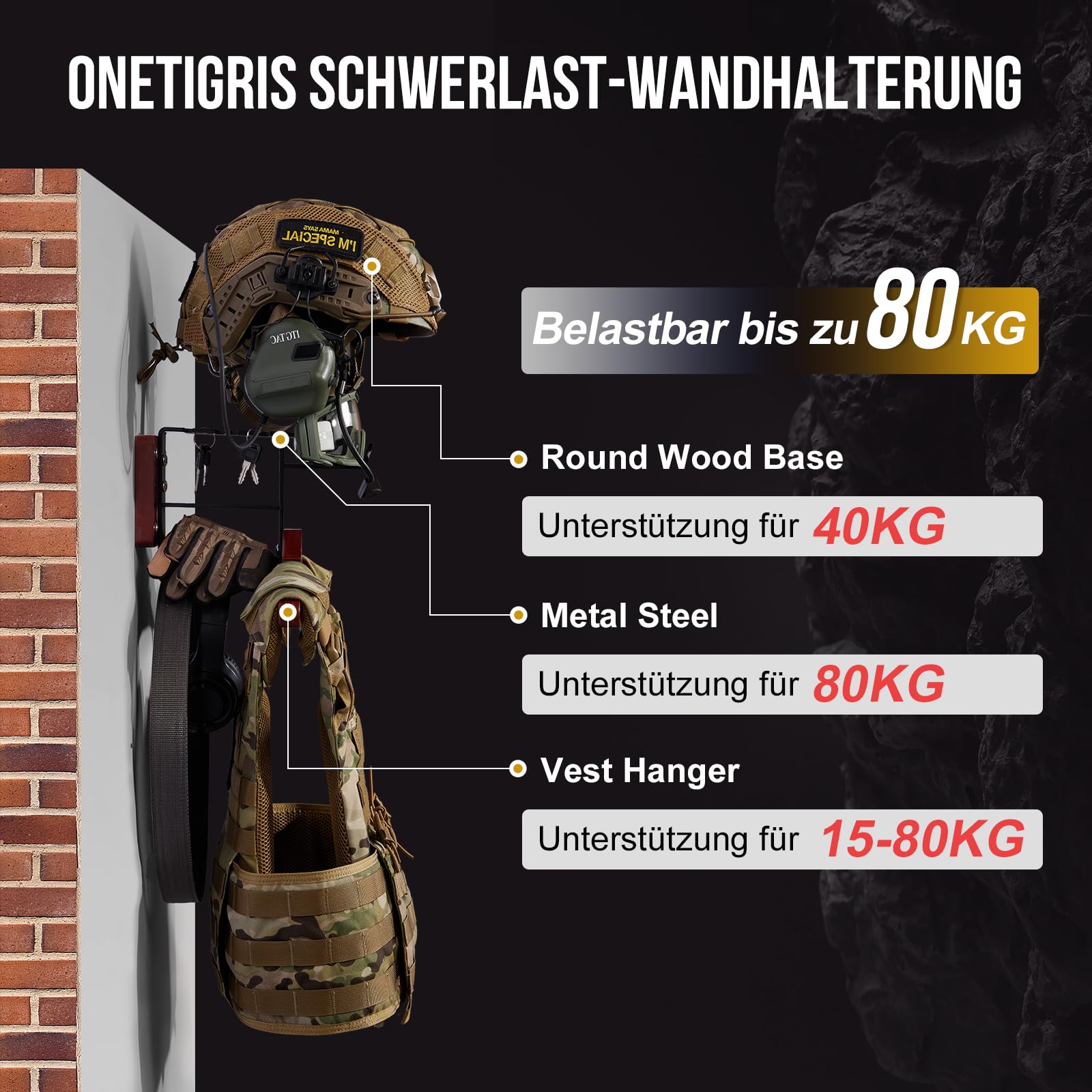 OneTigris Helmhalterung Wand, verstellbare Motorrad Garderobe, bis 80 kg | Premium Motorradgarderobe mit verstellbarem Bügel für Helm, Lederkombi und Jacke – stabil bis 80 kg