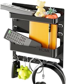 Wall Mount Shelf Organizer, Self Stick On Dorm Room Bedside Storage with Hooks 24x23x5.4cm/9.4x9.1x2.1in Plastic Holder for Phone, Remote, Glasses, Earphone (Black)