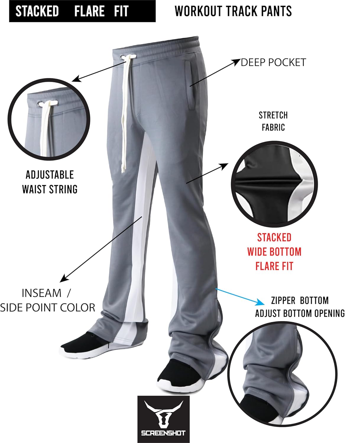 SCREENSHOT Track Pants 3202 Mens Streetwear Premium Stacked Flare Fit Urban Track Pants Workout Athletic Bottoms - Image 2