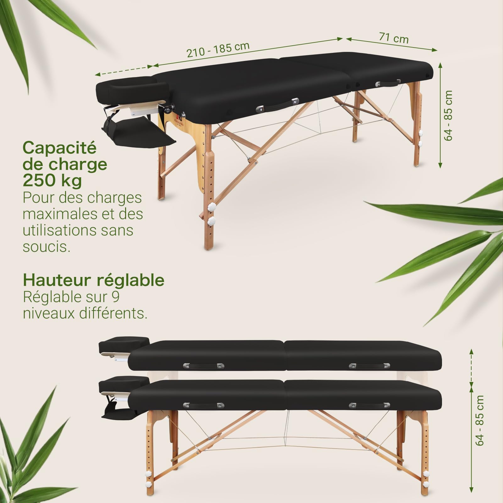 MASSUNDA - Mobile Comfort Deluxe Table de Massage réglable en Hauteur, Table de Massage Pliante Large en Bois Massif, Tables de Massage, Professionnelle (Noir)