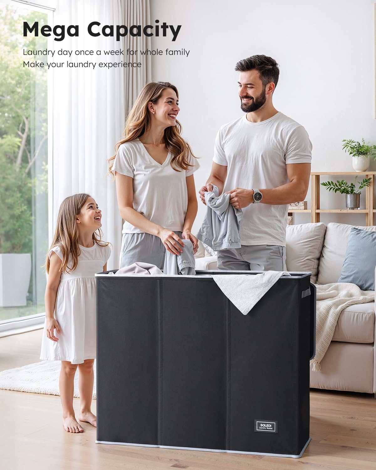 Large 3-Section Laundry Hamper - 180L Black -2