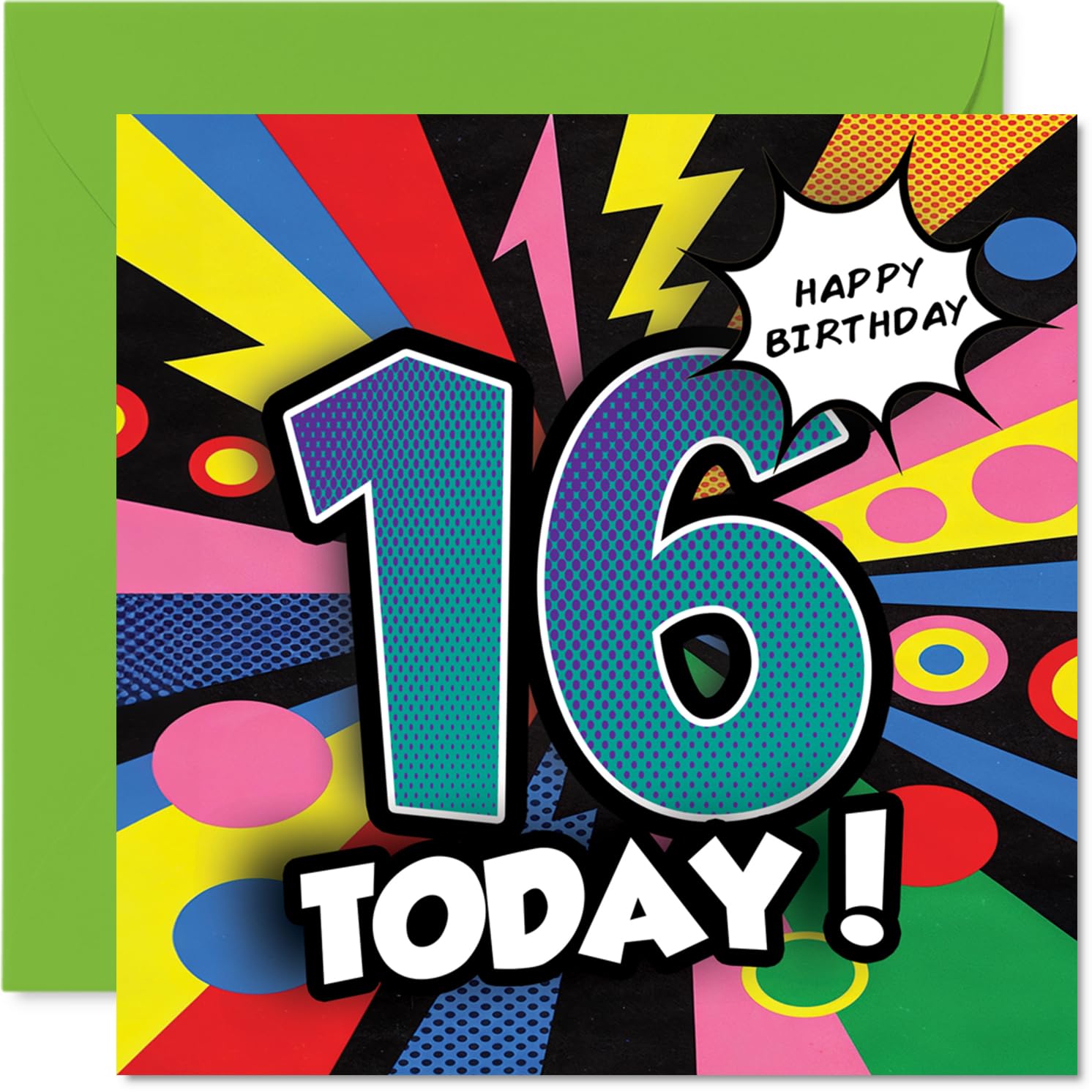 Celebratory 16th Birthday Card - Bursting with Energy - Bold 16 Design in Vibrant Colours - Perfect for Marking Their Milestone Day - 145mm Square, Envelope Included