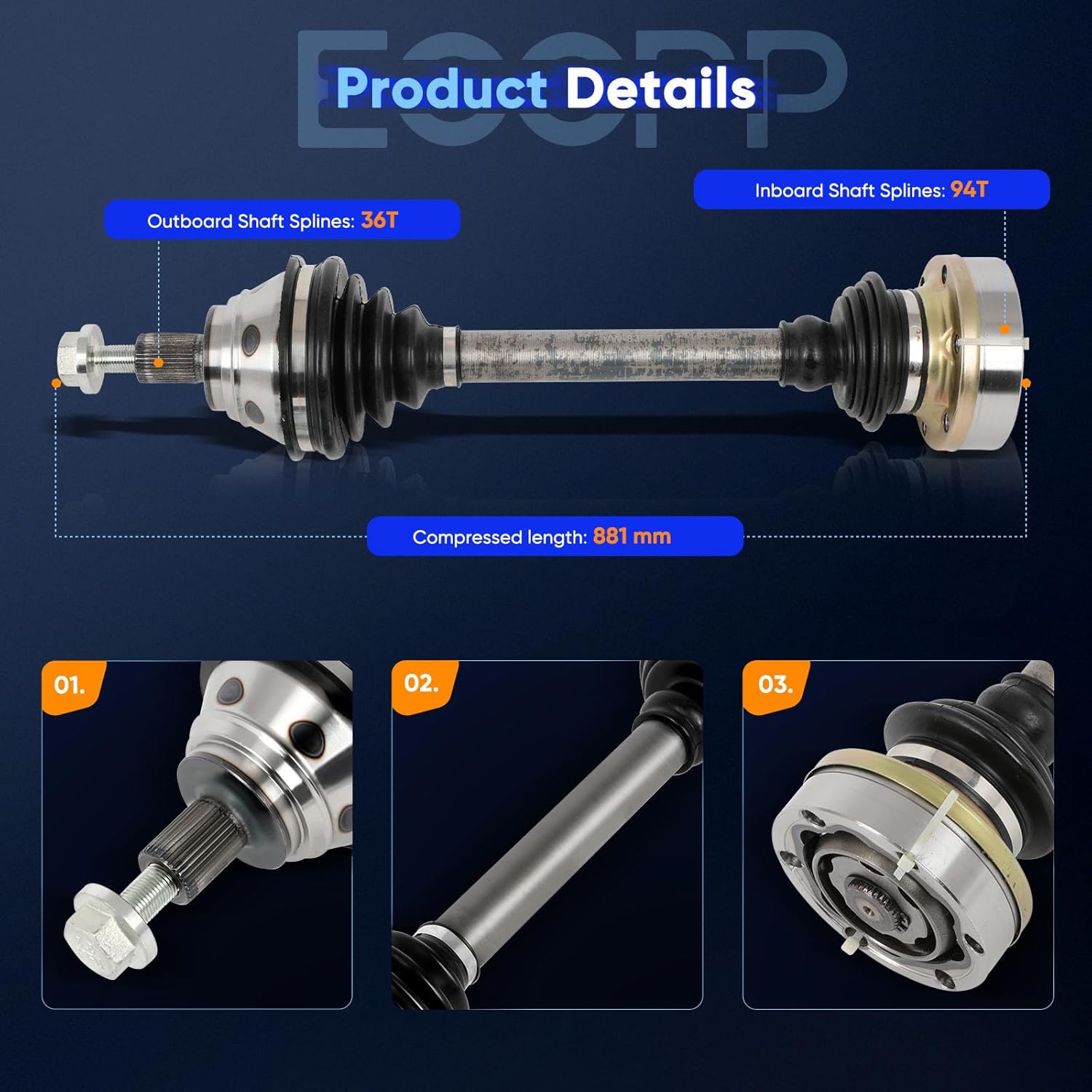 ECCPP CV Axle Shaft Assembly fit for Audi A3 1.8L 2.0L for Quattro 2.0L 3.2L for Bora 1.9L 2.0L for Clasico for Golf R for GTI for Jetta City for Passat CC 2.0L for R32 3.2L 66-7346