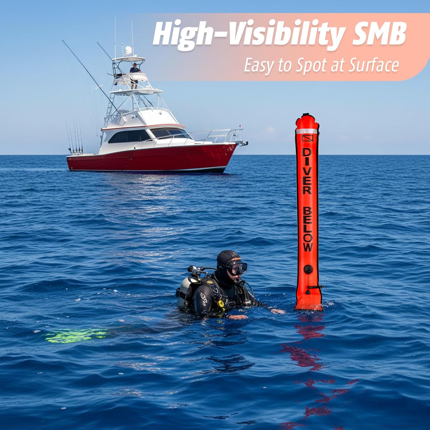 Scuba Diving SMB Kit – 4FT Surface Marker Buoy Dive Float, 49ft Finger Spool Reel+Bolt Snap & Mesh Storage Bag, High-Visibility Signal Tube for Snorkeling, Freediving