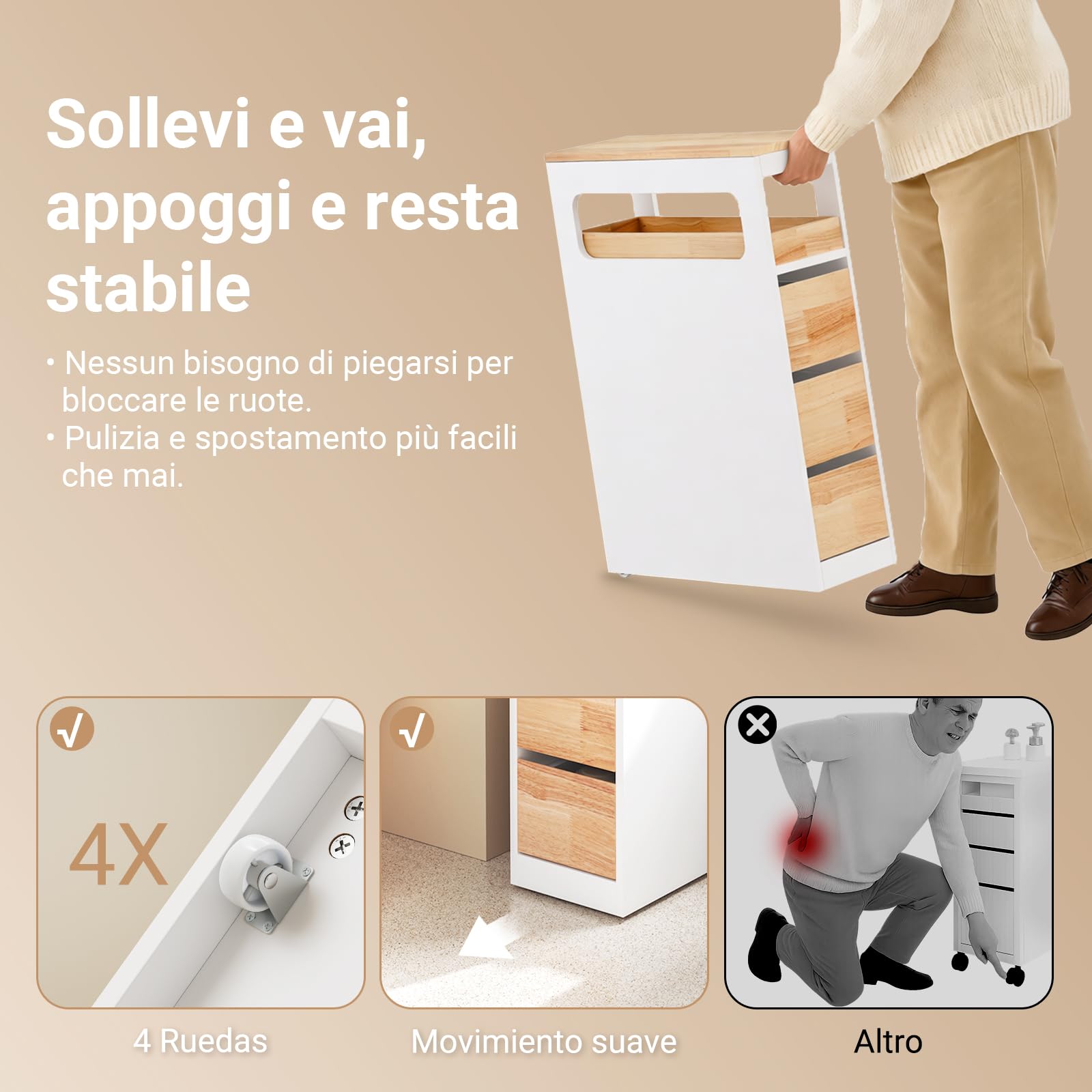 SoBuy Carrello Cucina Mobiletto Salvaspazio con Ruote 65x23x82cm | con Piano di Lavoro, Cassetto E Ripiani Aperti, Carrello Portaoggetti per Cucina, Bianco e Legno, BZR54-III-WN