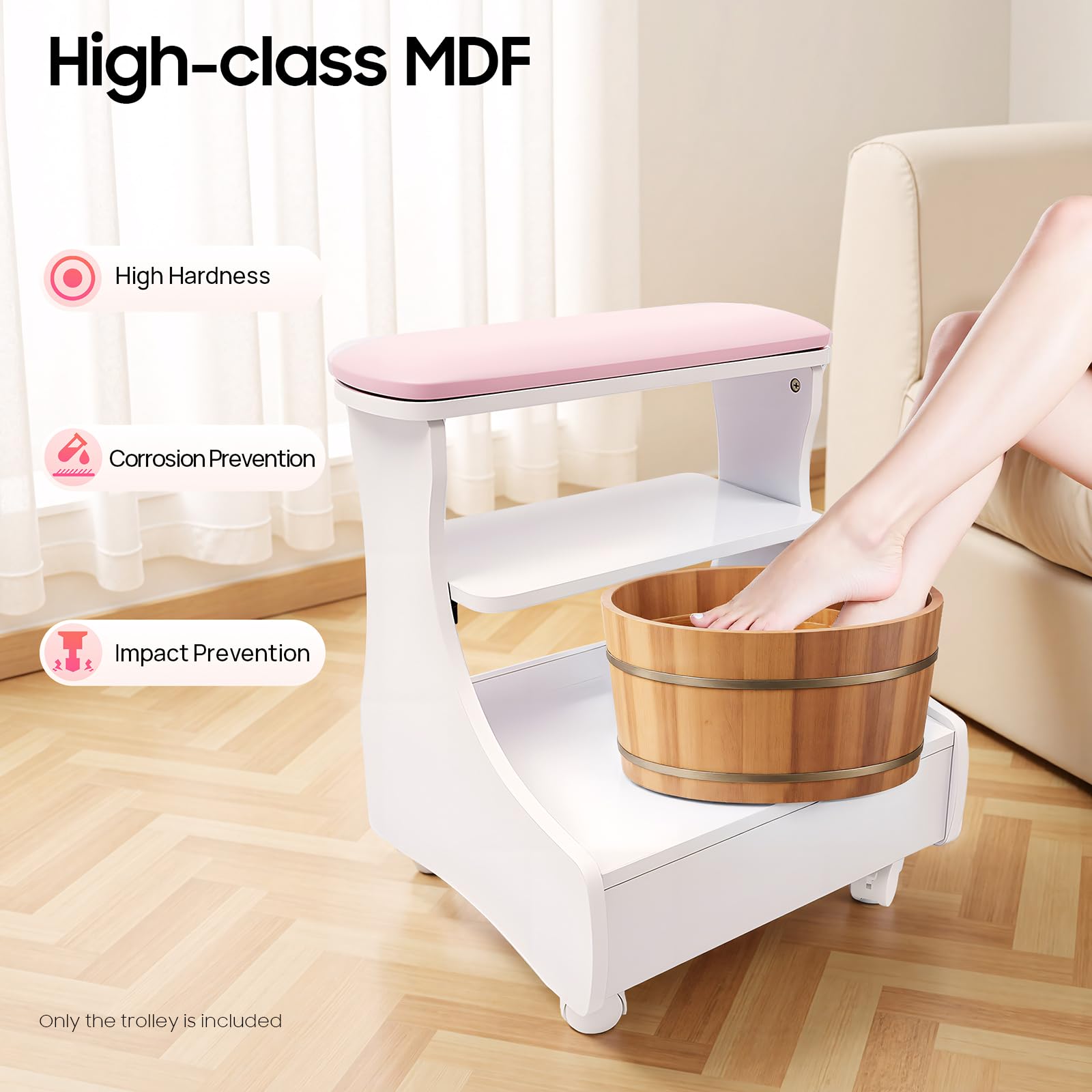 Carrito de Pedicura, Mueble Rodante para Manicura y Cuidado, Taburete de Cuatro Ruedas con Bandeja y Almacenamiento, con Reposapies, Ideal para Salón de Belleza, Spa y Uso Doméstico Profesional