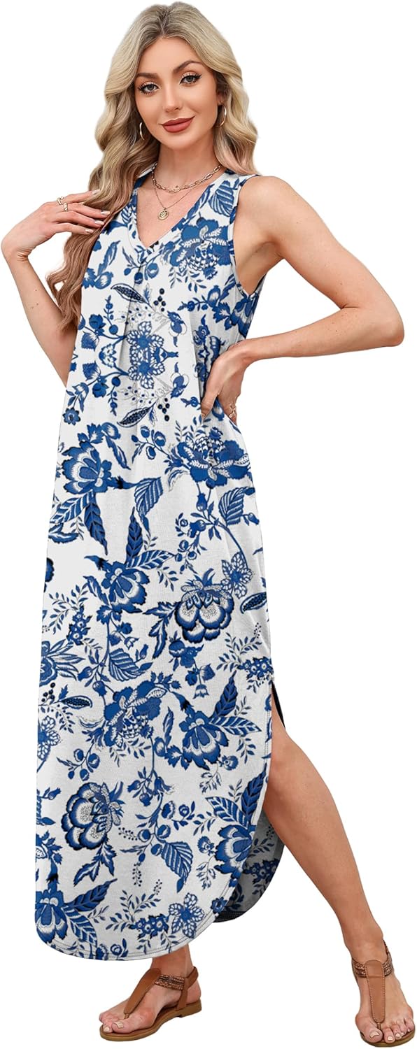 OFEEFAN Maxi Dresses for Women 2026 Loose V Neck Sleeveless Casual Beach Vacation Dress Side Slit Sundresses with Pockets - Image 4