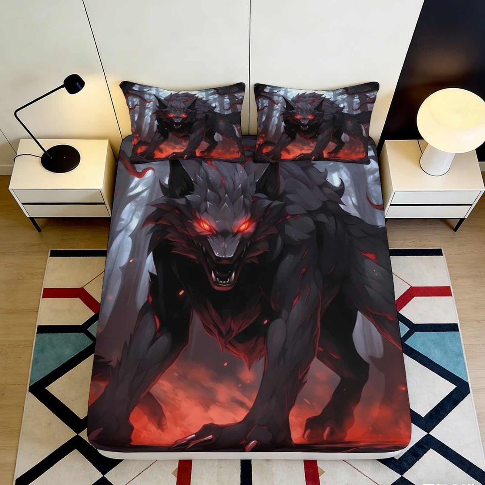 3D Printed Dark Wolf Fitted Sheet Microfiber Soft Breathable Fiery Forest Bed Cover for Bedroom Dorm Decor 90x200x25cm