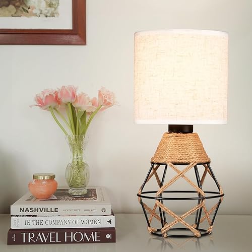 Miniatura 7 de Hamilyeah Lámparas de mesa bohemias, lámpara de mesa tejida para mesita de noche con interruptor de encendidoapagado, lámpara de granja al lado de