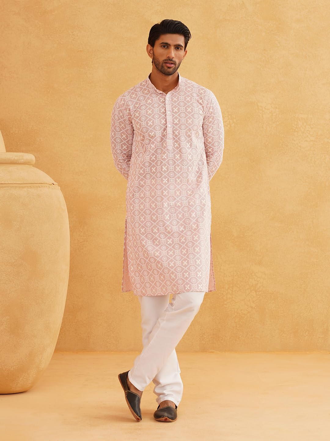Sojanya (Since 1958 Men's Cotton Gold Sequence Embroidered Pink Kurta With White Churidaar Pyjama