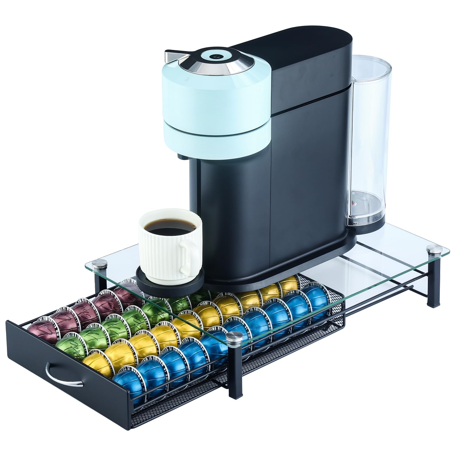 Flagship Uchwyt na kapsułki Nespresso, szuflada, organizer na kapsułki Nespresso, szklana taca do przechowywania, pojemność 40 kapsułek Vertuo
